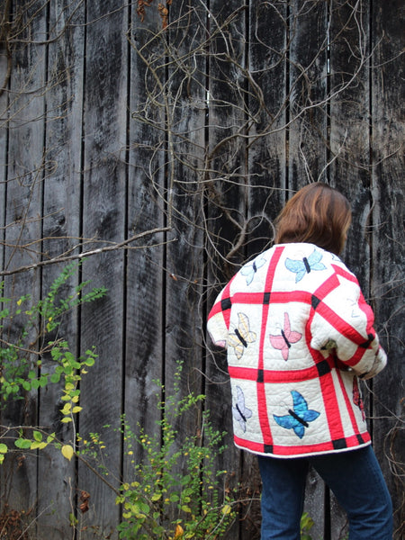 Butterfly Quilt Jacket - Red and Cream - Hand Made - (M/L)