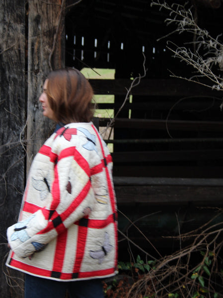 Butterfly Quilt Jacket - Red and Cream - Hand Made - (M/L)