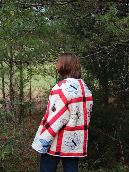 Butterfly Quilt Jacket - Red and Cream - Hand Made - (M/L)