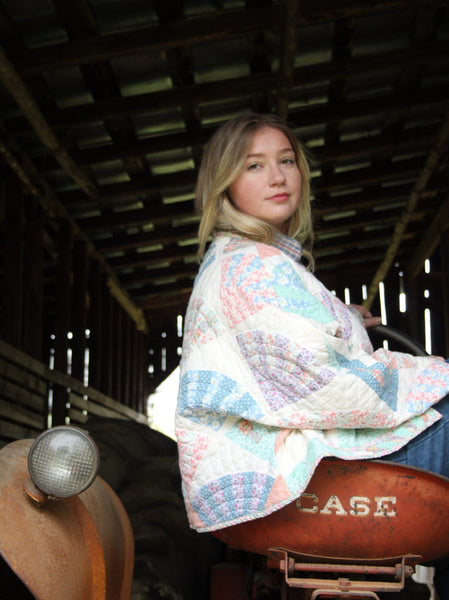 Fan Quilt Jacket - Cream & Multi Color - Hand Made - (L/XL)