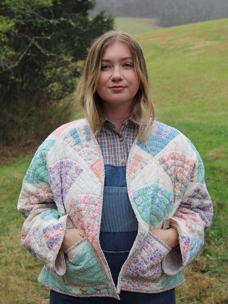 Fan Quilt Jacket - Cream & Multi Color - Hand Made - (L/XL)