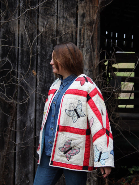 Butterfly Quilt Jacket - Red and Cream - Hand Made - (M/L)