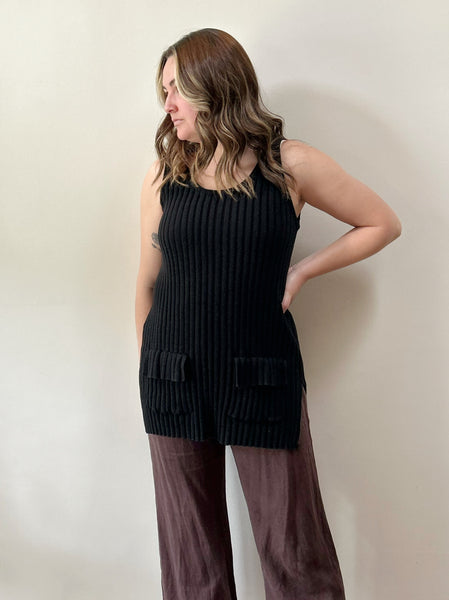 Black Cotton Ribbed Knit Tunic