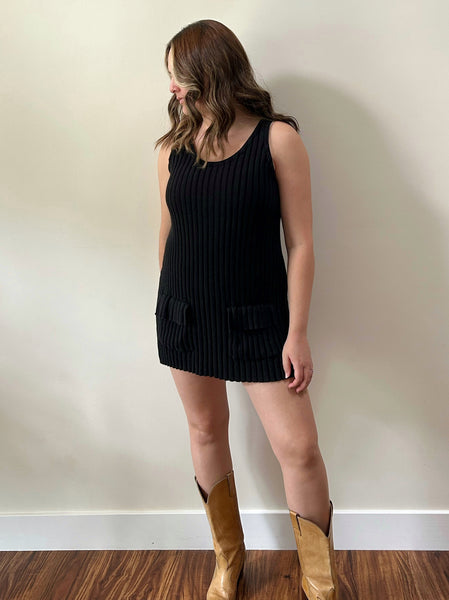 Black Cotton Ribbed Knit Tunic