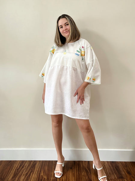 Baby Doll Dress - Floral Appliqué - Hand Crafted - White Linen