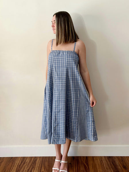 Swirl Dress - Midi - Hand Crafted - Blue Plaid Cotton