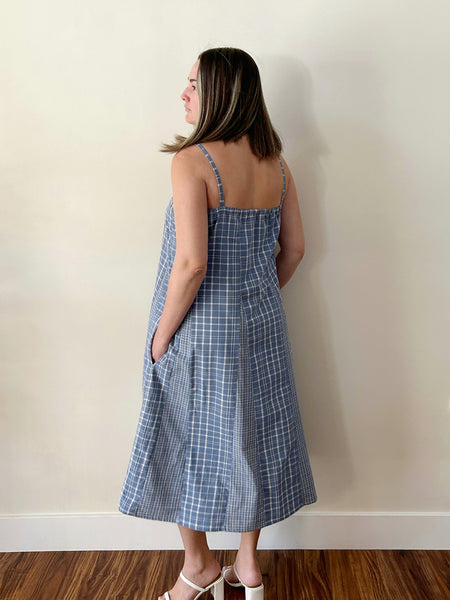 Swirl Dress - Midi - Hand Crafted - Blue Plaid Cotton