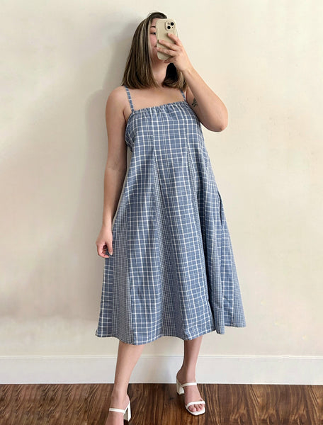 Swirl Dress - Midi - Hand Crafted - Blue Plaid Cotton