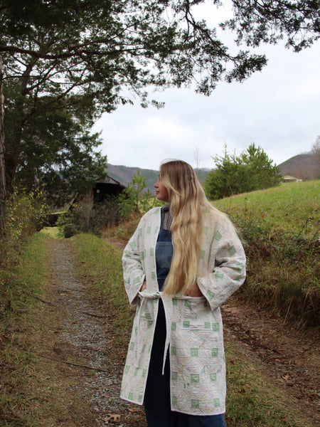 Robe Coat - White & Sea Foam - Hand Made - (M/L)