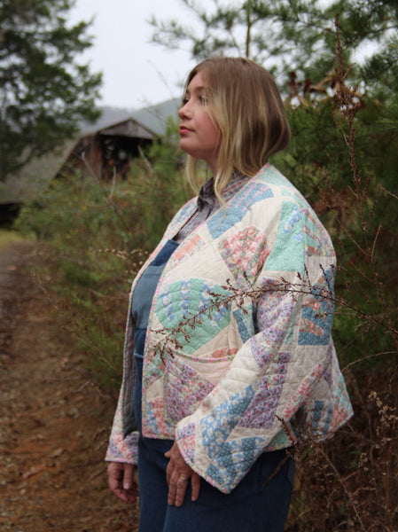 Fan Quilt Jacket - Cream & Multi Color - Hand Made - (L/XL)