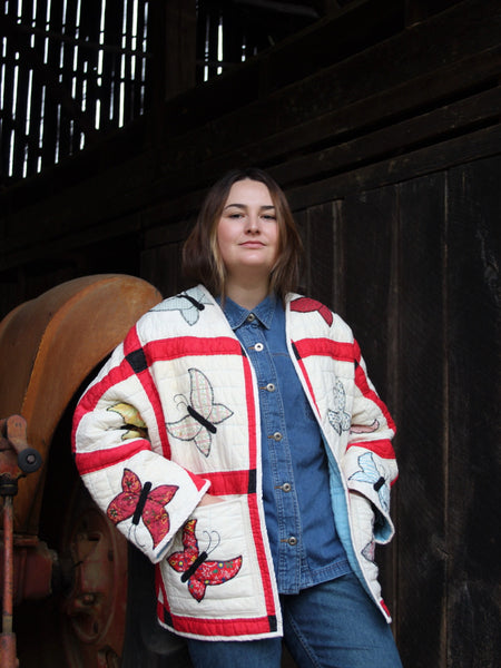 Butterfly Quilt Jacket - Red and Cream - Hand Made - (M/L)