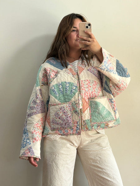 Fan Quilt Jacket - Cream & Multi Color - Hand Made - (L/XL)