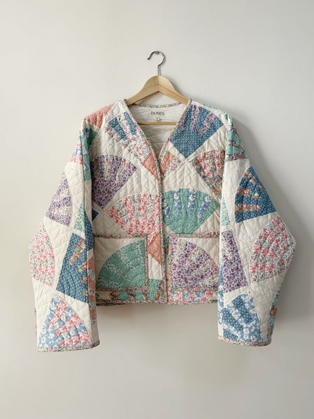 Fan Quilt Jacket - Cream & Multi Color - Hand Made - (L/XL)