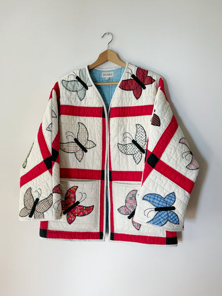 Butterfly Quilt Jacket - Red and Cream - Hand Made - (M/L)