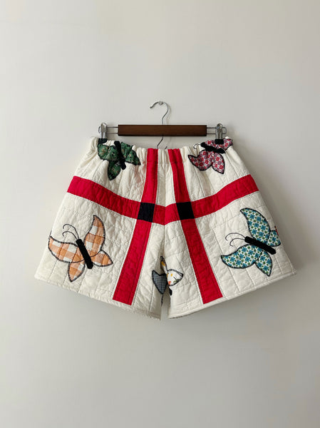 Butterfly Quilt Shorts - Red and Cream - Hand Made - (S/M)