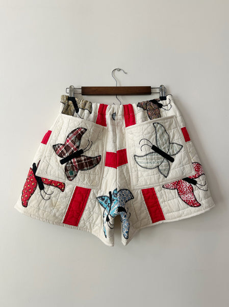 Butterfly Quilt Shorts - Red and Cream - Hand Made - (S/M)