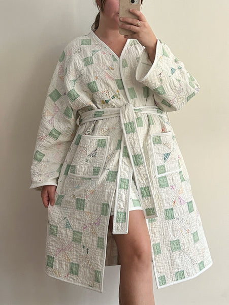 Robe Coat - White & Sea Foam - Hand Made - (M/L)