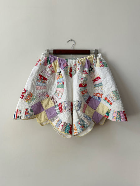 Double Wedding Ring Quilt Shorts - White & Multi Color - Hand Made - (M/L)